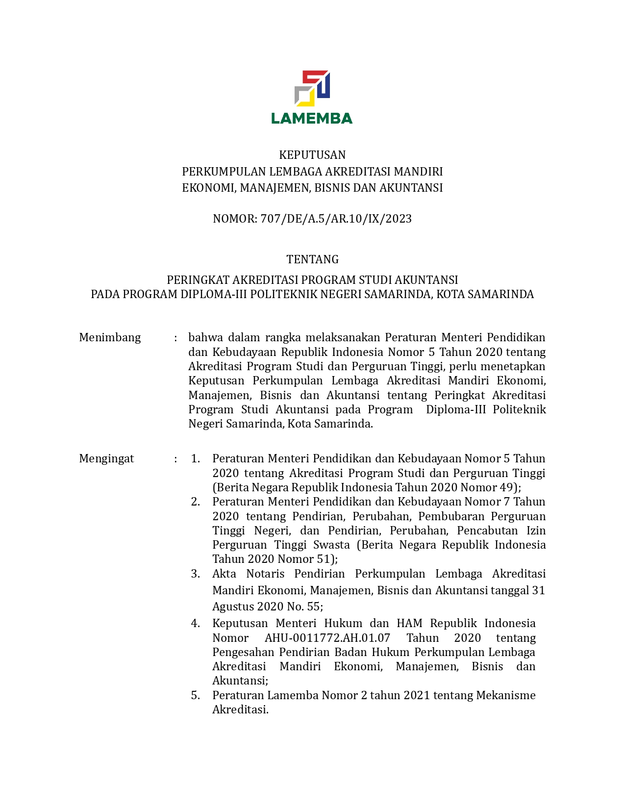 707 SK Peringkat Akreditasi Politeknik Negeri Samarinda Diploma III Akuntansi page 0001
