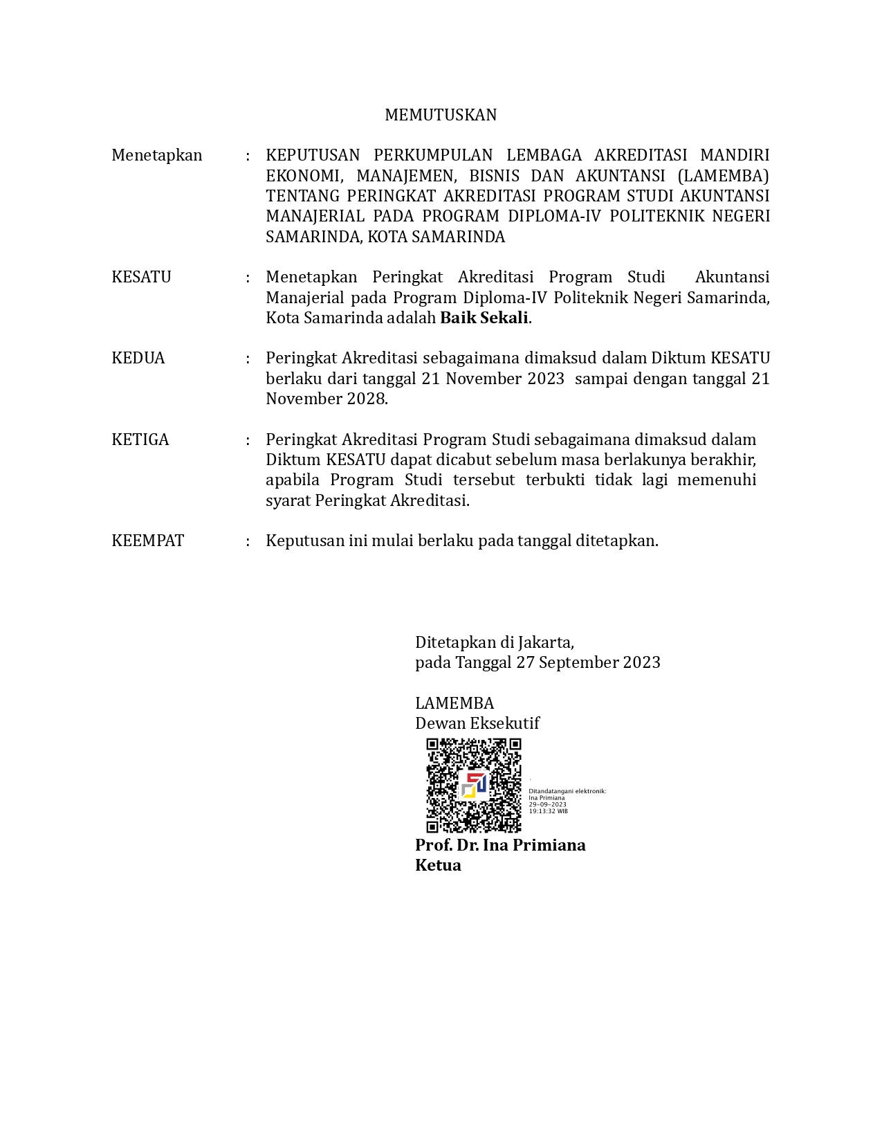 756 SK Peringkat Akreditasi Politeknik Negeri Samarinda Diploma IV Akuntansi Manajerial page 0002